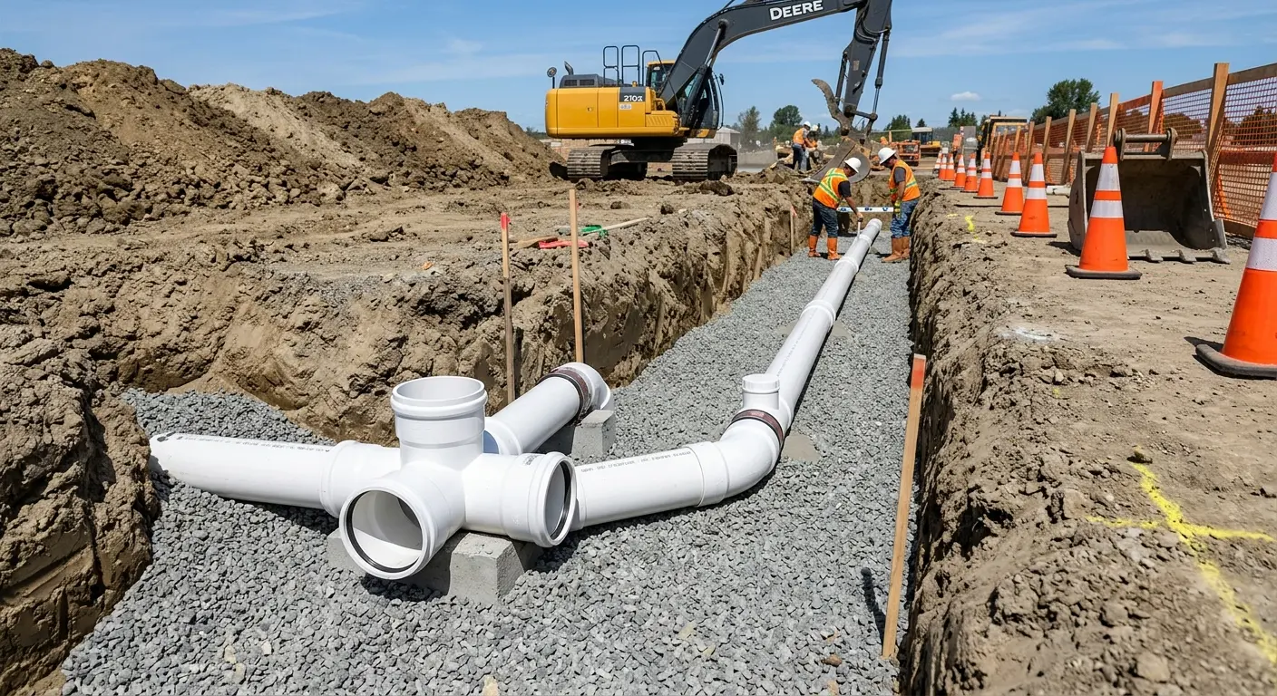 New PVC sewer pipe installation in open trench for Commercial Drain Cleaning in Ashland