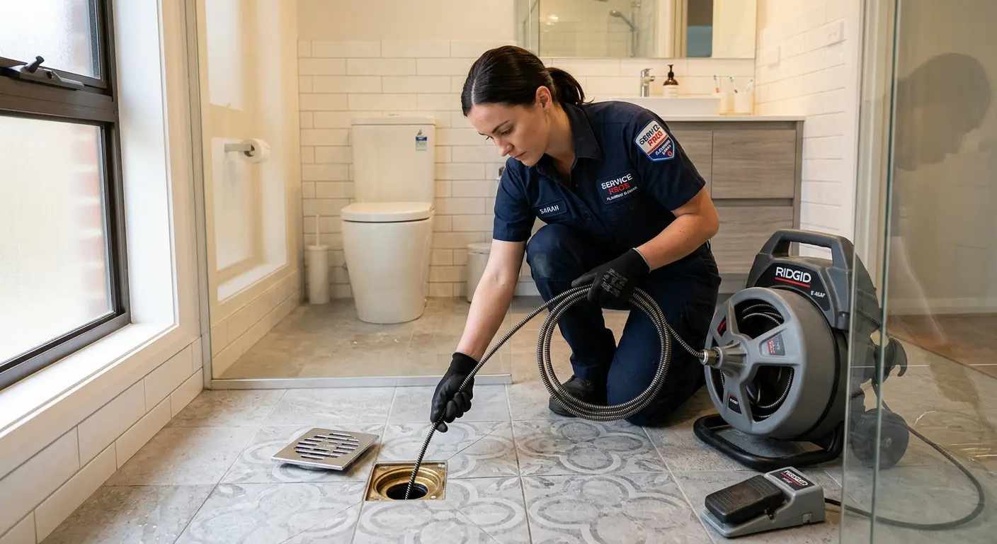 Technician clearing a bathroom floor drain for Drain Cleaning in Ashland